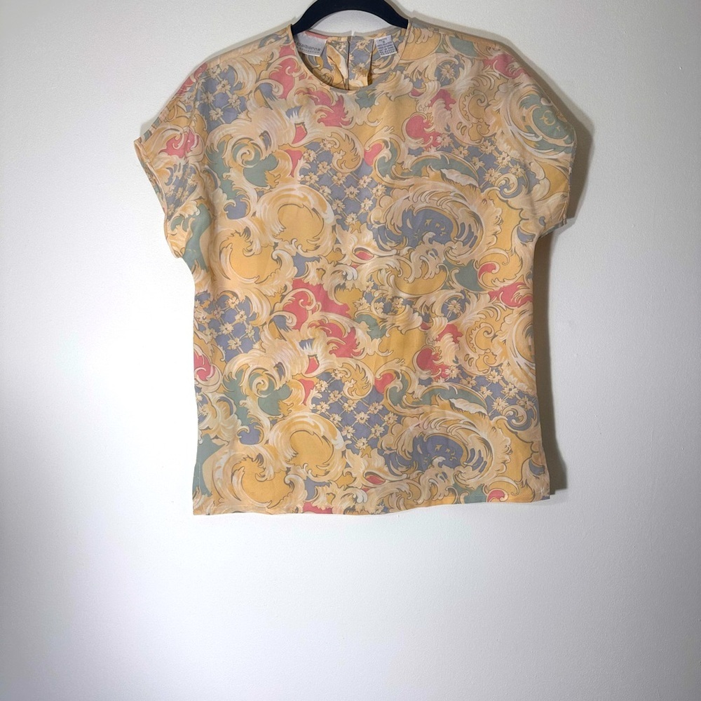 100% Silk Paisley colorful short sleeve vintage blouse size 6P